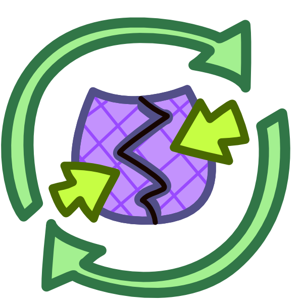 Two green arrows form a circle around a purple clay jar. There is a crack down the center of it and two bright green arrows point on either side of the crack as if pushing the pot back together. The image has dark line art.